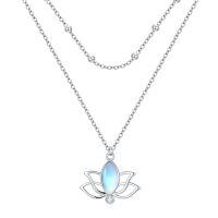 wholesale 925 Sterling Silver Lotus Moonstone Pendant Necklace Cubic Zirconia Beaded Layered Chain For Women-Lotus