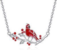 wholesale 925 Sterling Silver Red Bird on Branch Pendant Necklace for Women Girls  48cm Chain Length-Cardinal