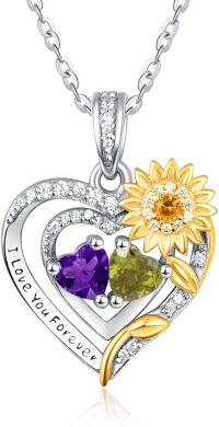 wholesale Sterling Silver 2 Birthstones Sunflower Heart Necklace for Women-02-08-Feb-Aug