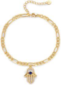 wholesale Gold Plated 925 Sterling Silver Evil Eye Hamsa Hand Charm Figaro Chain Adjustable Bracelet for Women-Hand of Fatima
