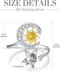 wholesale 925 Sterling Silver Sun Moon Ring with Cubic Zirconia, White & Yellow Gold Plated, Adjustable Size 6-10, Celestial Jewelry Gift-0-2