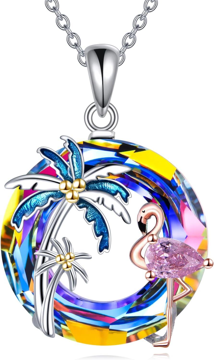 Sterling Silver Crystal Flamingo Pendant Necklace w Palm Trees-0-0