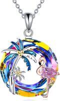 wholesale 925 Sterling Silver Pink Flamingo & Blue Palm Tree Crystal Pendant Necklace-0-12