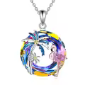 wholesale 925 Sterling Silver Pink Flamingo & Blue Palm Tree Crystal Pendant Necklace-0-12