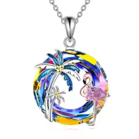 wholesale 925 Sterling Silver Pink Flamingo & Blue Palm Tree Crystal Pendant Necklace-Flamingo-Volcano