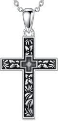 wholesale 925 Sterling Silver Cross Pendant Necklace with Floral Design and Chain 45cm Length-0-0