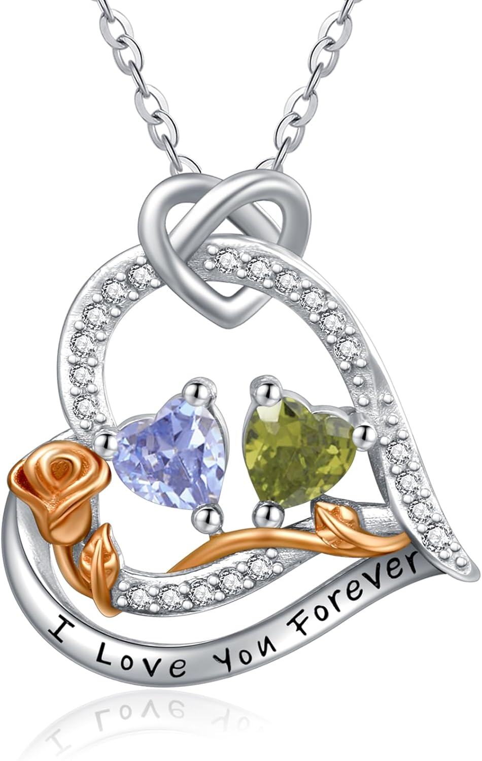  Sterling Silver 2 Birthstones Rose Heart Necklace for Women -06-08-Jun-Aug