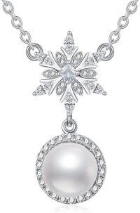 wholesale 925 Sterling Silver Round Freshwater Cultured Pearl & Cubic Zirconia Snowflake Necklace for Women-Snowflake Pearl