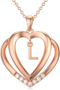 wholesale Sterling Silver Moissanite Heart Initial Pendant Necklace for Her-Rose Gold - L Initial