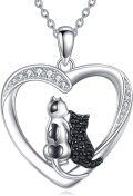 wholesale 925 Sterling Silver Heart-Shaped Black Cubic Zirconia Cat Lover's Pendant Necklace-0-0