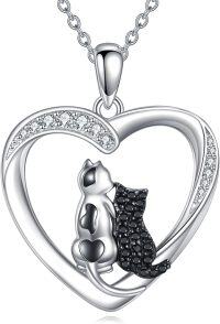 wholesale 925 Sterling Silver Heart-Shaped Black Cubic Zirconia Cat Lover's Pendant Necklace-A-Two Cat Tuxedo and Black