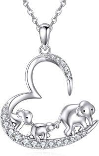wholesale 925 Sterling Silver Elephant Family Heart-Shaped Pendant Necklace with Cubic Zirconia Stones for Women-Elephant Necklace