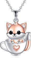 wholesale 925 Sterling Silver Teacup Fox Pendant Necklace with Heart Charm for Women Gifts-0-0
