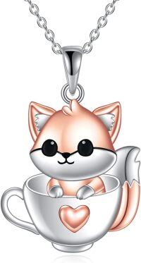 wholesale 925 Sterling Silver Teacup Fox Pendant Necklace with Heart Charm for Women Gifts-fox cup necklace