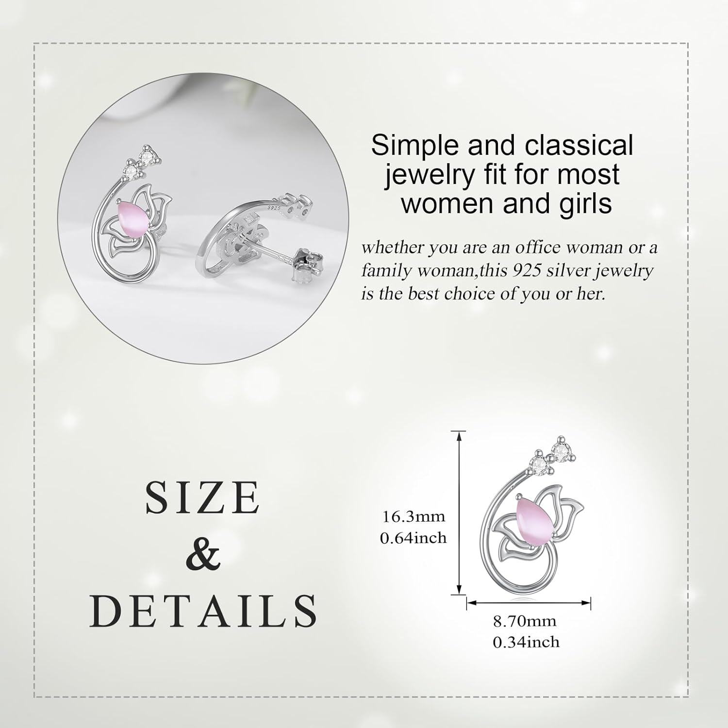 wholesale 925 Sterling Silver Pink Cat's Eye Lotus Flower Stud Earring-0-2