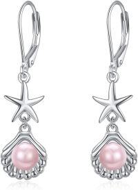 wholesale Sterling Silver Pearl Seashell Starfish Drop Dangle Earrings-Pink