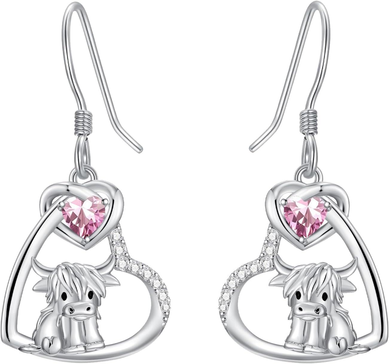 Sterling Silver Birthstone Highland Cow Dangle Earrings Scotland Western Gift-10-Oct-Pink