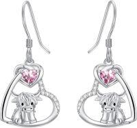 wholesale 925 Sterling Silver Birthstone Highland Cow Dangle Earrings Scotland Western Gift-10-Oct-Pink