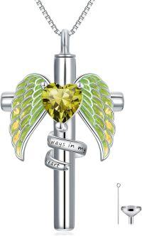 wholesale Sterling Silver Birthstone Angel Wing Cross Rose Heart Cremation Urn Necklace for Women with Funnel Kit ( chars)-Cross Non-personalized 08-Aug-Peridot-Cross Personalized 08-Aug-Peridot