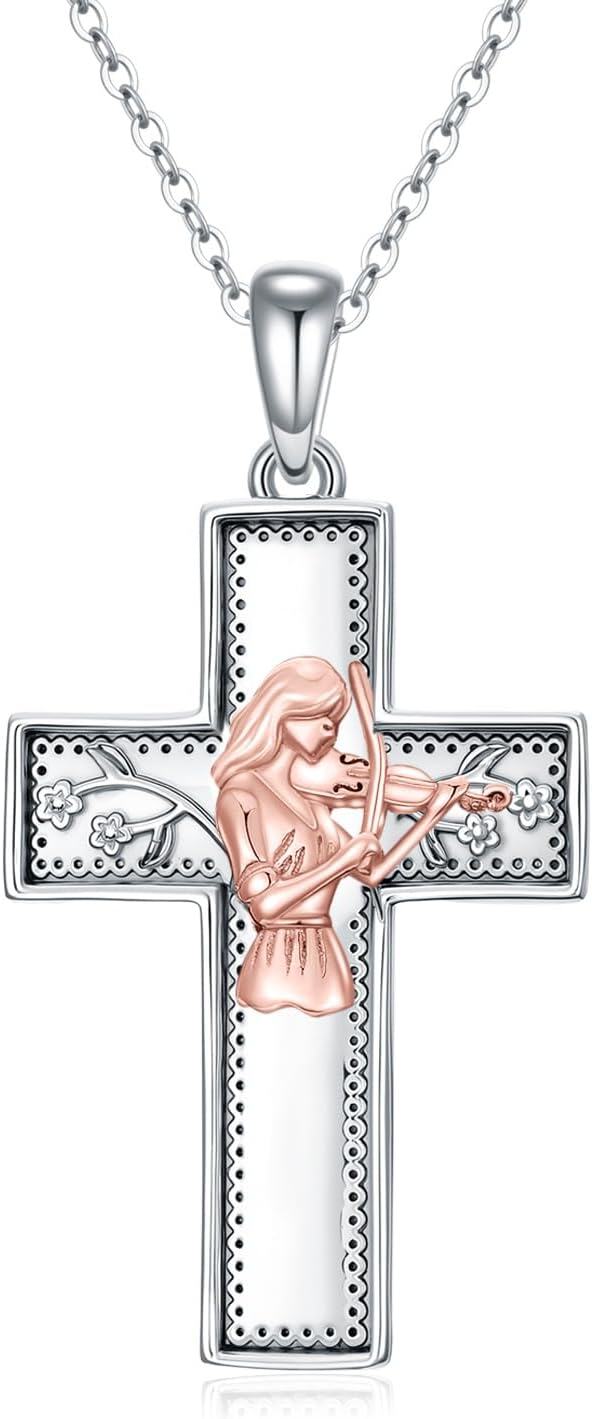 Sterling Silver Music Cross Pendant Necklace for Women Gift for Music Lovers-01-Violin
