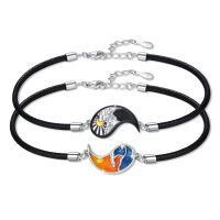 wholesale 925 Sterling Silver Sun Moon Yin Yang Matching Couple Black Leather Bracelets Set-Rose Gold