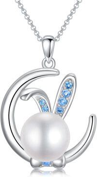 wholesale 925 Sterling Silver Bunny Pearl Pendant Necklace with Blue Crystal Ears and Chain for Women Girls  48cm Length-Rabbit Pearl