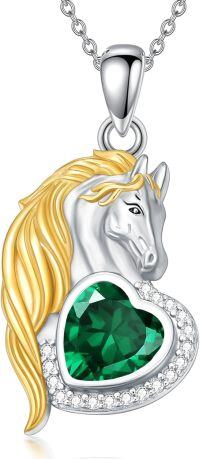 wholesale 925 Sterling Silver Synthetic Birthstone Horse Pendant Necklace Gift for Women-May - Emerald