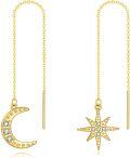 wholesale 14K Gold Moon & Star Threader Drop Earrings with Crystal Accents - 2 Pairs-0-0