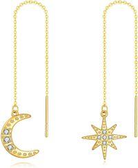 wholesale 14K Gold Moon & Star Threader Drop Earrings with Crystal Accents - 2 Pairs-Moon Star