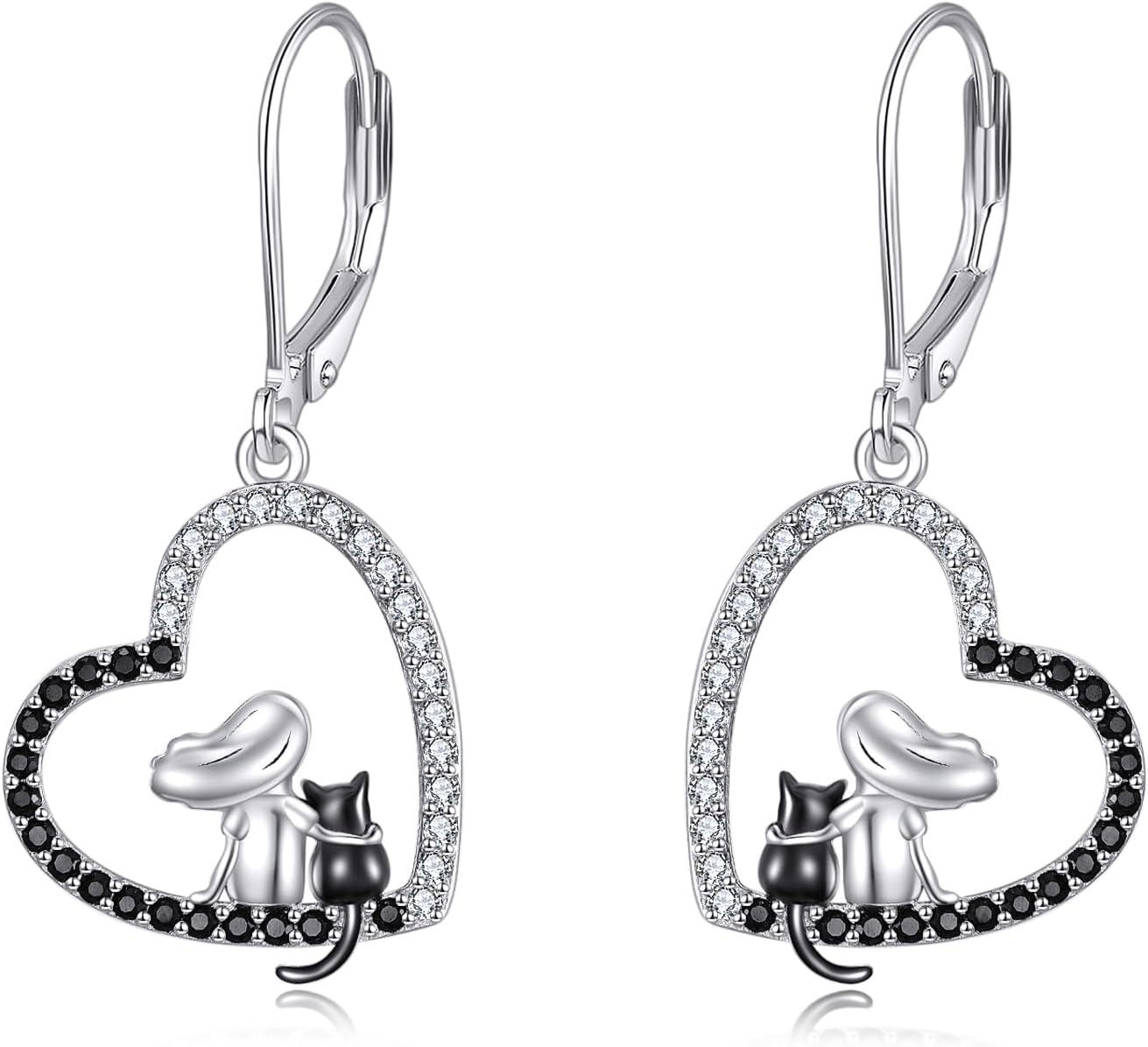 Sterling Silver Owl Dragonfly Butterfly Black Cat Hummingbird Dangle Earrings-Black Cat Earrings