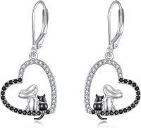 wholesale 925 Sterling Silver Heart-Shaped Mouse and Cat Drop Earrings with Cubic Zirconia Accents-Black Cat Earrings