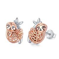 wholesale 925 Sterling Silver Sloth Stud Earrings with Rose Gold Accents and Leaf Details-Sloth Earrings-B