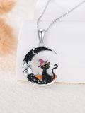 wholesale 925 Sterling Silver Crescent Moon Black Cat Witch Hat Pumpkin Pendant Necklace-0-4