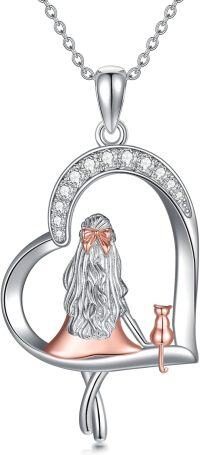 wholesale 925 Sterling Silver Heart-Shaped Cat Pendant Necklace with Cubic Zirconia - Perfect Gift for Women and Cat Lovers-C+Cat