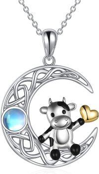 wholesale 925 Sterling Silver Moonstone Cow Pendant Necklace with Heart Charm for Women's Halloween Jewelry-Moon Cow Necklace