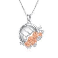 wholesale 925 Sterling Silver Volleyball with Roses Pendant Necklace-Volleyball Rose