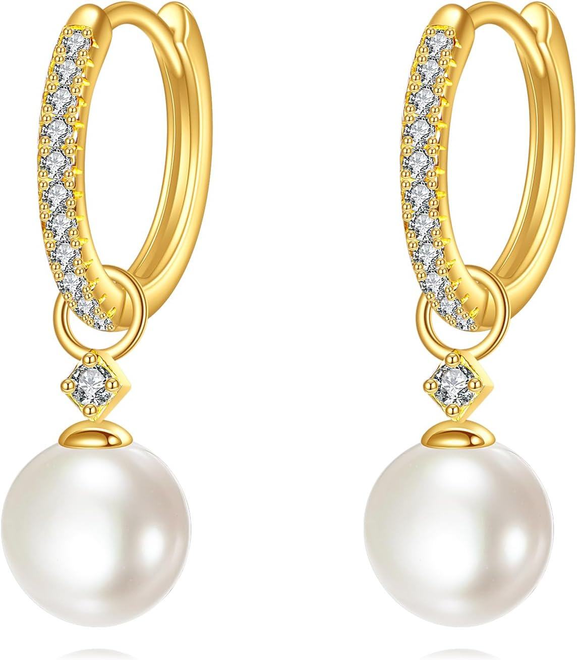Gold Zircon Pearl Huggie Earrings for Women Solid Jewelry Gifts-0-0