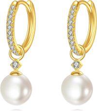 wholesale Solid 10K Gold Zircon and Pearl Hoop Earrings for Women - Elegant Gift Set-Pearl Huggie Earrings