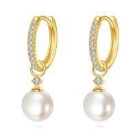 wholesale Solid 10K Gold Zircon and Pearl Hoop Earrings for Women - Elegant Gift Set-Pearl Huggie Earrings