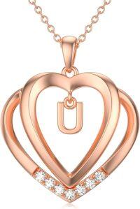 wholesale Sterling Silver Moissanite Heart Initial Pendant Necklace for Her-Rose Gold - U Initial