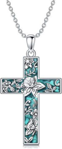 wholesale  Sterling Silver Turquoise Cross Necklace with Birth Flower Pendant -March