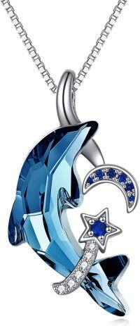 wholesale 925 Sterling Silver Blue Crystal Dolphin Pendant Necklaces with Moon and Star Charm  for Women Girls-silver