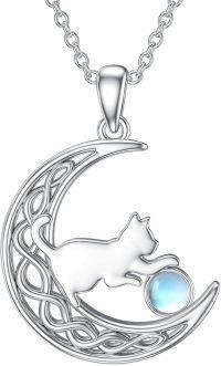 wholesale Sterling Silver Birthstone Cat in Moon Pendant Necklace for Women-Moonstone