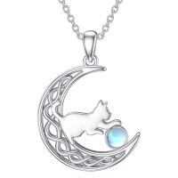 wholesale 925 Sterling Silver Cat And Moon Necklace Wholesale With Ruby Charm-Moonstone