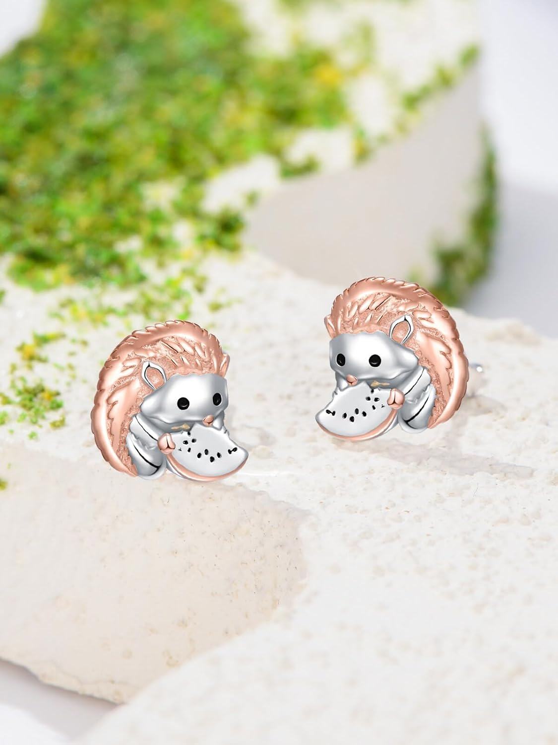 925 Sterling Silver Hedgehog Stud Earrings with Rose Gold Plating - Cute Animal  for Women Girls-0-2