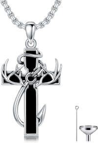 wholesale Sterling Silver Deer Antler Fish Hook Urn Necklace for Ashes Engravable Memorial Jewelry for Men-1-4-Cross-Black Onyx-Custom-1-4-Cross-Black Onyx