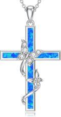 wholesale 925 Sterling Silver Cross with Blue Opal and CZ Butterflies Pendant Necklace for Women-0-0