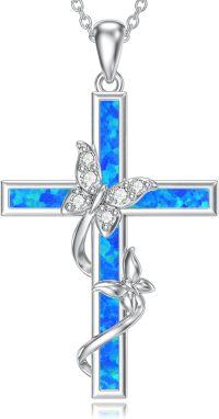 wholesale 925 Sterling Silver Cross with Blue Opal and CZ Butterflies Pendant Necklace for Women-Created Blue Opal