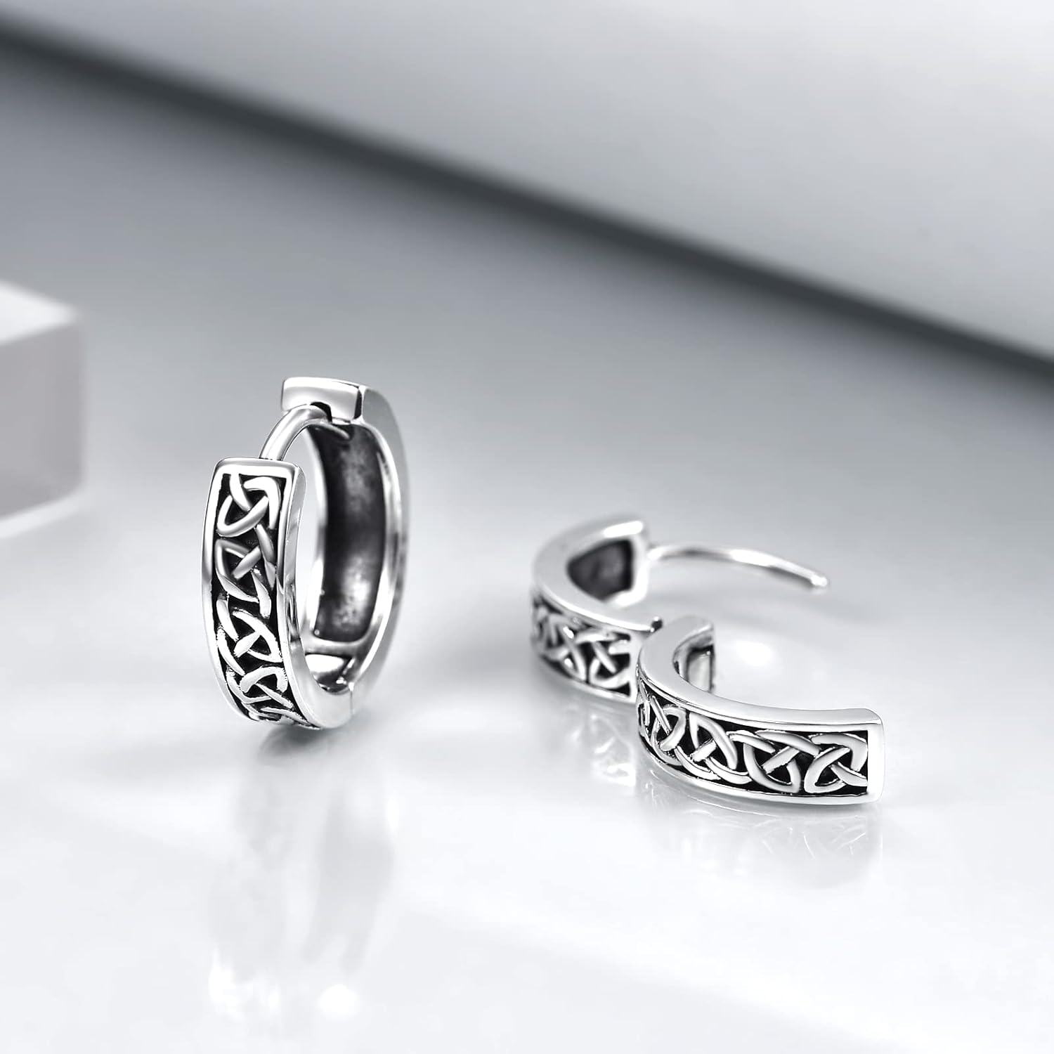 925 Sterling Silver Black Celtic Knot Huggie Hoop Earrings for Men - Vintage Gothic Punk Style Jewelry 4g Diameter-0-3