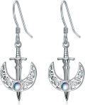 wholesale 925 Sterling Silver Moon and Sword Dangle Earrings with Rainbow Moonstone-0-0